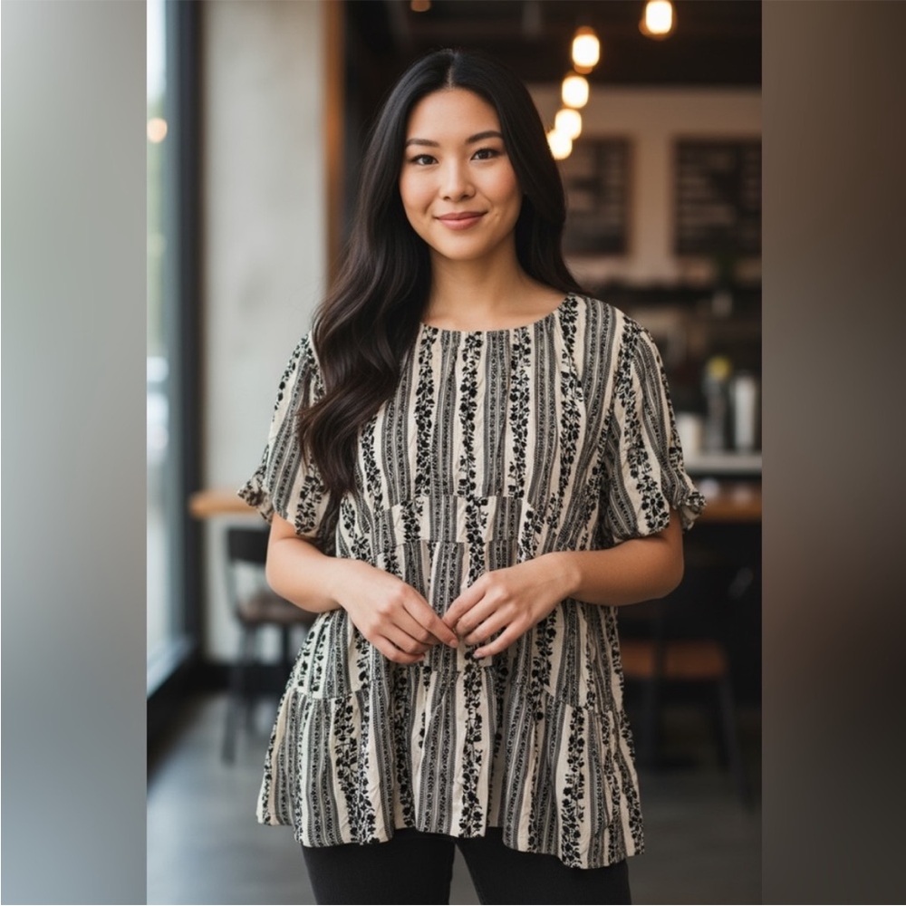 POL Black and Cream Striped Floral Blouse